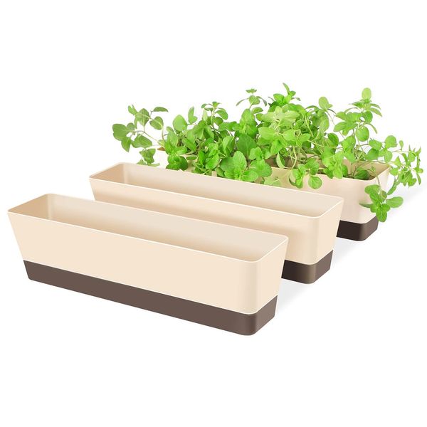 Suream Window Box Herb Planters, 3 Pack 16 x3.8 Inch Indoor Rectangle Succulent Cactus Plant Pots with Saucer, Modern Plastic Flower Container for Windowsill, Garden Balcony, Home Office Outdoor Decor