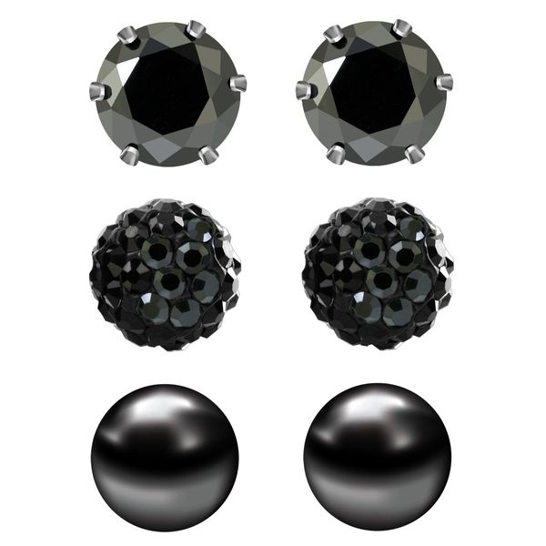 JewelrieShop Black Studs Earrings for Women CZ Rhinestones Crystal Ball Fake Pearl Stainless Steel Party Stud July Birthstone Earring Set for Girl (3 pairs,6mm Round,July)