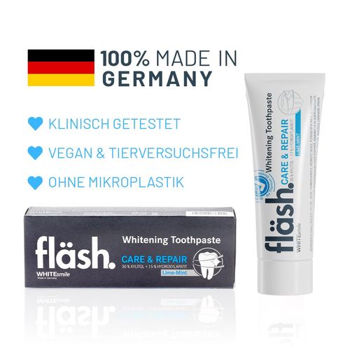 fläsh. Whitening Toothpaste Toothpaste, 75 ml Tube, with 30% Xylitol and 17% Hydroxyapatite for Double Caries Protection, Lime Mint Flavour