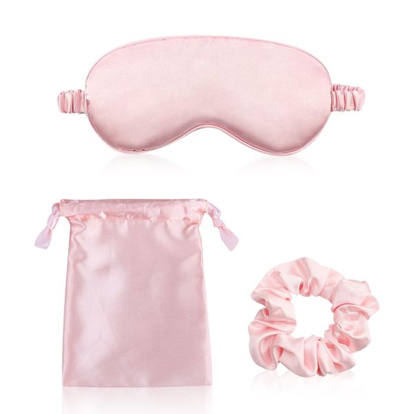 Silk Eye Mask for Sleeping, Sleep Eye Mask Set Ultra Soft Sleeping Eye Mask Satin Sleep Mask with Hair Scrunchie and Travel Pouch Sleep Masks Eyemask for Women Girls (Pink)