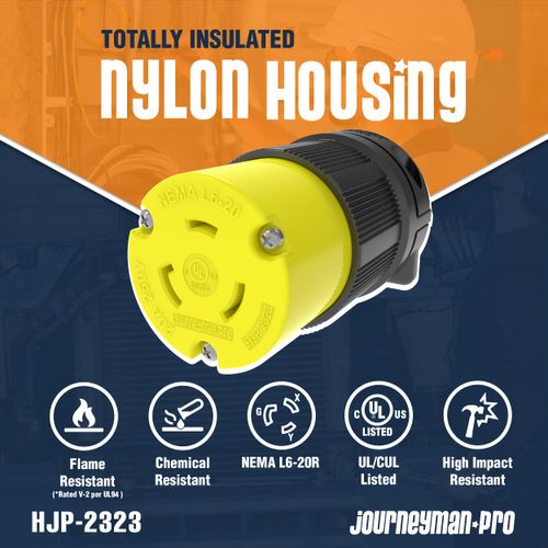 Journeyman-Pro NEMA L6-20R 20 Amp, 250 Volt, 2P, 3W, Locking Female Plug Connector, HJP-2323 Black Yellow Industrial Grade, Grounding 5000 Watts Generator (L6-20R Female Plug)