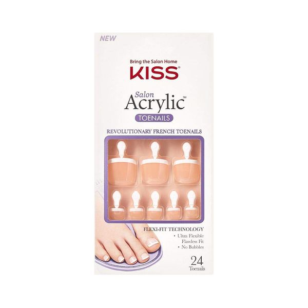 KISS Salon Acrylic French Press On Toenails, 'Walk Away', White Tips, Short Length, Square Shape, Includes 24 Fake Nails, 2g Pink Gel Nail Glue, 1 Manicure Stick, 1 Mini File