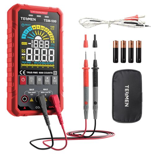 TESMEN TSM-599 Smart Digital Multimeter, Auto&Manual Measurement, TRMS 6000 Counts, Voltmeter with NCV, Voltage&Current, Resistance, Continuity, Diode, Capacitance, Hz%, Temperature, Live Wire - Red