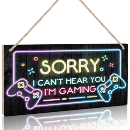 TOARTi Neon Light Gaming Wood Sign for Boys Bedroom Door Decorations,Gamer Quotes Sorry I can’t hear you I am Gaming Wall Art Decor for Gamer Gifts,Video Game Wooden Plaque for Gaming Zone,6 x 12 inch