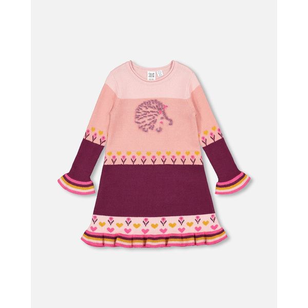 Color Block Knitted Sweater Dress Pink With Hedgehog Intarsia - 3