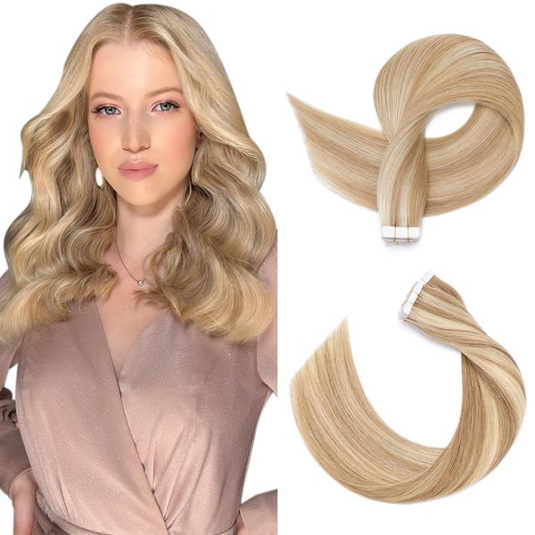 SEGOHAIR Invisible Tape Extensions Echthaar, 35.6cm Tape Klebe Unsichtbare Tape Extensions Echthaar 10 Stück Echthaar Extensions Tape Glatte Natürliche Haarverlängerungen –Goldbraun Mix Bleichblond