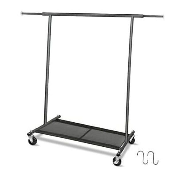 63" H Heavy Duty Simple Black Rolling Clothing Garment Rack, Metal Dark Black