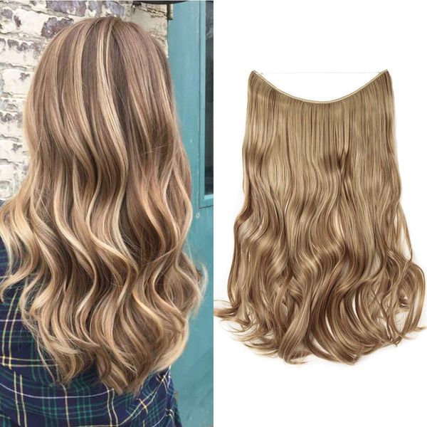 Silk-co 20" Wire in Hair Extensions One Piece Hairpiece Sythetic Hidden Elastic Long Curly Wavy Half Head Light Brown&Blond