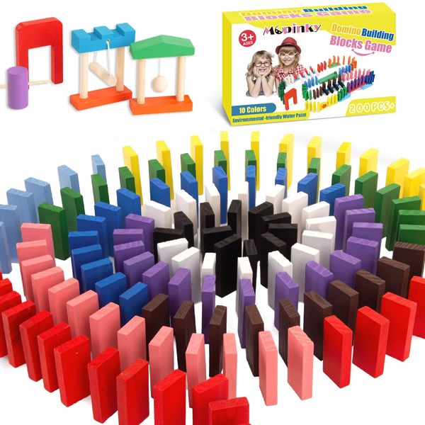 MCPINKY 204PCS Domino Blocks Set, Domino Starter Kit Colorful Wooden Domino Blocks Racing Tile Game Educational Toys for Boys Girls Birthday Party Favor