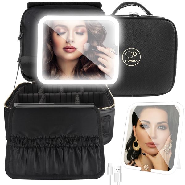 MOMIRA Travel Makeup Bag Cosmetic Bag Makeup Organizer Bag with Lighted Mirror, Adjustable Brightness in 3 Color Scenarios, Waterproof Makeup Train Case, Gift for Women - Woven black