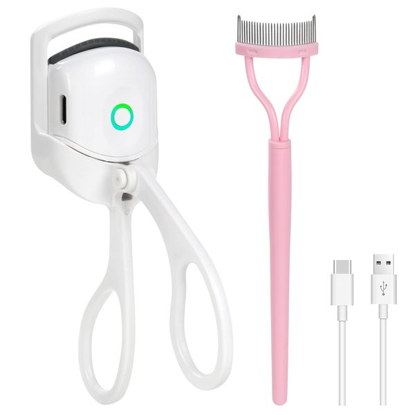 URAQT Beheizbare Wimpernzange Elektrische, Wiederaufladbarer 230mA Heated Eyelash Curler mit Wimpernkamm,Schnelles und Langlebiges Wimpernzange Beheizbar Wimpern-Make-Up-Werkzeug für Frauen(Weiss)