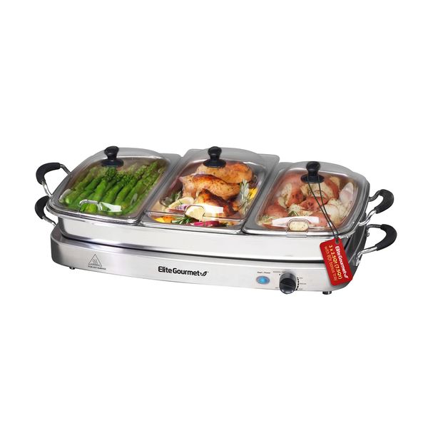 Elite Gourmet EWM-9933 Triple 3 x 2.5 Quart Trays Buffet Server 7.5 Qt Oven Safe Pan Food Warmer, Temperature Control, Clear Slotted Lids, Perfect for Parties, Entertaining & Holidays