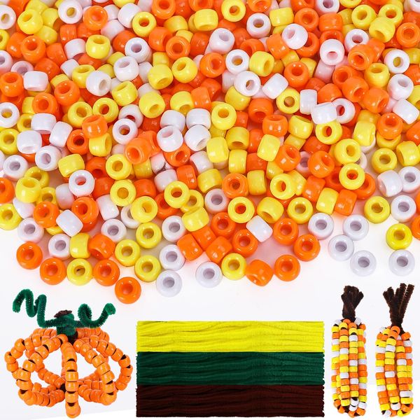 Whaline 1000Pcs Fall Pony Beads with 100Pcs Chenille Stems Pipe Cleaners 3 Colors Autumn Craft Beads Plastic Beads for DIY Craft Necklace Bracelet Jewelry Making Supplies