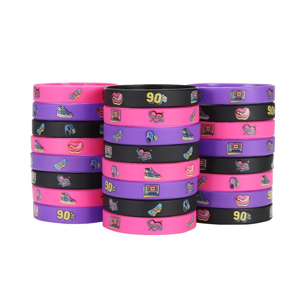 24 Pack 90s Theme Silicone Wristbands Bracelets, Birthday Decoration Funny 1990's Hip Hop Party Favors for Adults