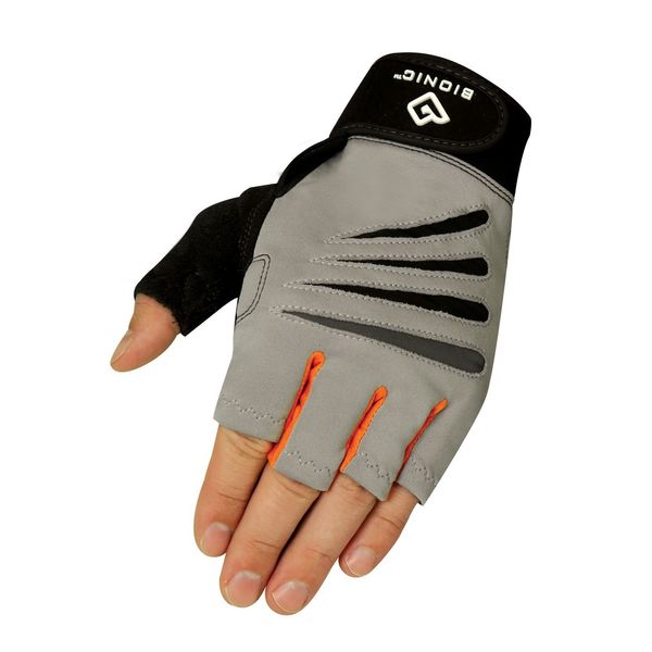 Bionic Glove Men's Cross-Training Fingerless Gloves w/ Natural Fit Technology, Gray/Orange (PAIR), Large