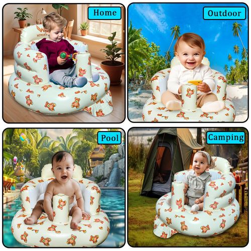 WEMORA Inflatable Baby Seat for Babies 3-36 Months Built-in Air Pump Toddler Floor Seat with Back Support for Sitting Up Portable Blow Up Baby Chair for Feeding Shower and Playtime (Bear)