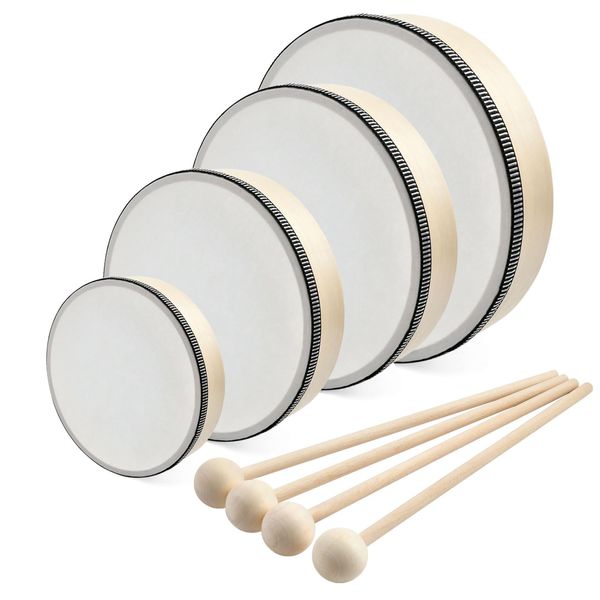 Akamino 4 Pack 4 Sizes Wooden Hand Drum Set,Wood Frame Drums with Drum Sticks,6/7/8/10 Inch Musical Instrument Percussion Drum for Rhythm Learning,Music Enlightenment