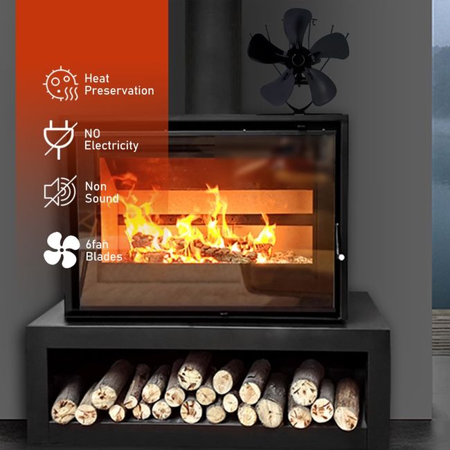 6 Blade Black Fireplace Heat Powered Stove Fan Log Wood Burner Ecofan  Silent Efficient Heat Distribution