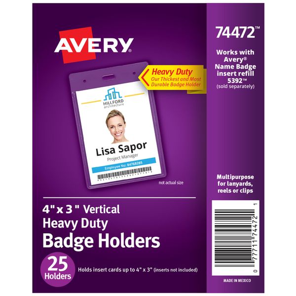 Avery Heavy Duty Badge Holders, 4" x 3", 25 Vertical ID Badge Holders (74472)