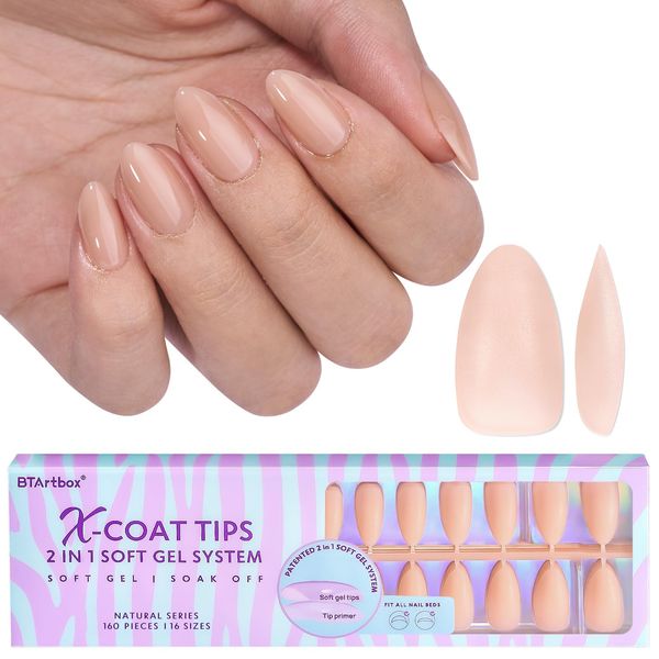 BTArtbox Short Almond Gel Nail Tips - Soft Gel Press On Nails XCOATTIPS Natural, Pre-colored Gel Nails Full Cover Fake Nails Short for Women's Daily Nails Art