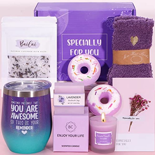 Birthday Gifts for Women, Valentines Day Gifts for Her Girlfriend BFF Mom  Wife Daughter Sister, Spa Gift Set for Women with Soy Wax Scented Candles,  Bath Bomb, 12oz Double Insulated Tumbler