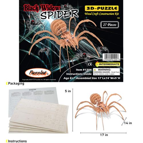 Puzzled 3D Puzzle Black Widow Spider Wood Craft Construction Model Kit, Fun & Educational DIY Wooden Toy Assemble Model Unfinished Crafting Hobby Puzzle to Build & Paint for Decoration 27 Pieces Pack