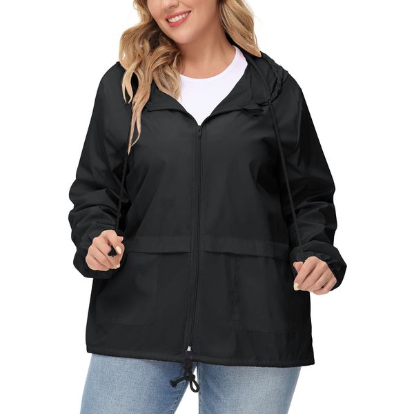 Avoogue Plus Lightweight Raincoat Walking Jackets Women Waterproof Windbreaker Packable Outdoor Hooded Rain Jacket Black 3XL