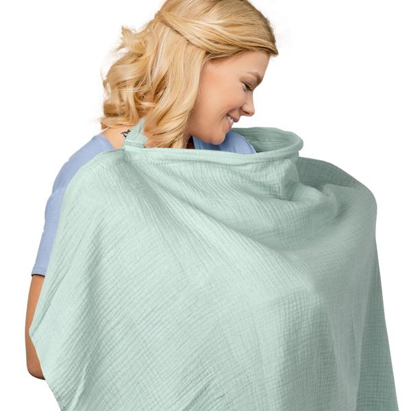 Muslin Nursing Cover, 100% Cotton Privacy Mom Breastfeeding Cover Up with Arch Neckline Full Car Seat Coverage Breathable Multi-use Carseat Canopy for Easy Viewing Baby Breast Feeding(Light Green)