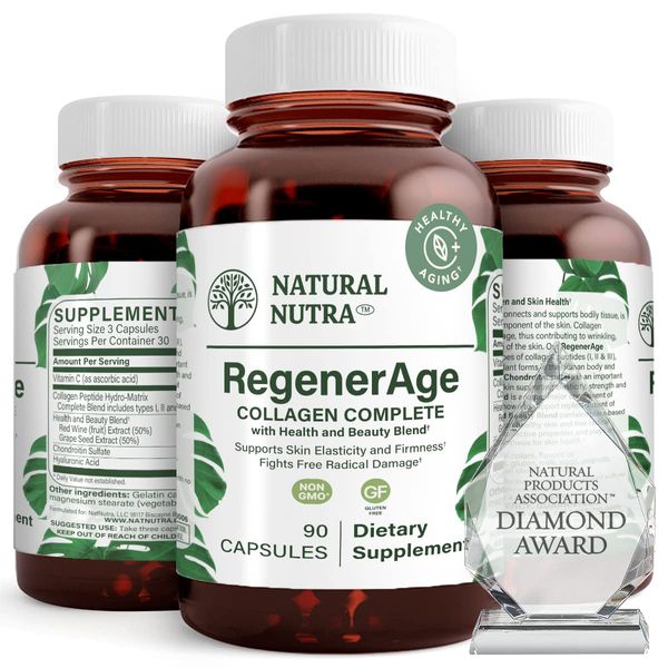 Natural Nutra RegenerAge Complete Supplement for Skin Health with Protein Peptides, Contributes Overall Health, Vitamin C, Grape Seed Red Wine Extract, Gluten Free, 90 Capsules.