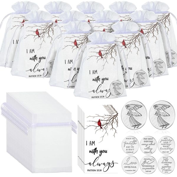 Fumete 72 Pieces Memorial Angel Sign Coins Set Pocket Token Guardian Pocket Angel Coins Red Cardinal Poem Cards Prayer Cards White Organza Bags Gift Charms Presents for Family