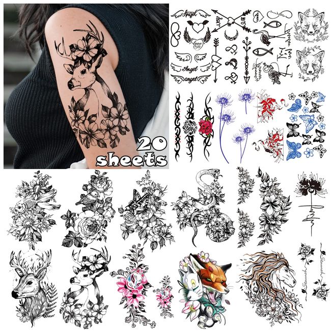 LEADTEAM 20 Blätter Fake Tattoos, Temporäre Tattoos 3D Tattoo Blume Arm Tattoo, Klebetattoos Erwachsene Tattoo Aufkleber Tatoos Aufkleben Damen Fake Tattoos Frauen Temporary Tattoo Männer Festival