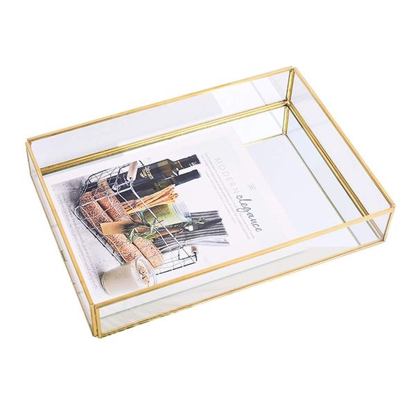 Sooyee Rectangle Mirror Decorative Tray, Gold can Hold Perfume, Jewelry, Cosmetics, Makeup, Magazine and More, for Vanity,Dresser,Bathroom,Bedroom(12”x8”)