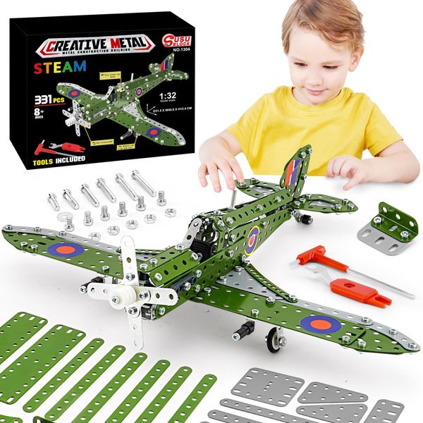 BESTYMXY Model Airplane, Erector Set 1:32 Scale Airplane Model Metal Toys, STEM Projects for Kids Ages 8-12, DIY Education Airplane Metal Model Kits