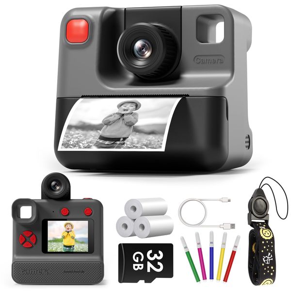 LETSHAHA Kids Camera Instant Print, Christmas Birthday Gifts for Toddle Girls Boys Age 3-12, 24MP & 1080P Selfie Digital Camera with 3 Roll No-Ink Print Paper 32G SD Card - Black