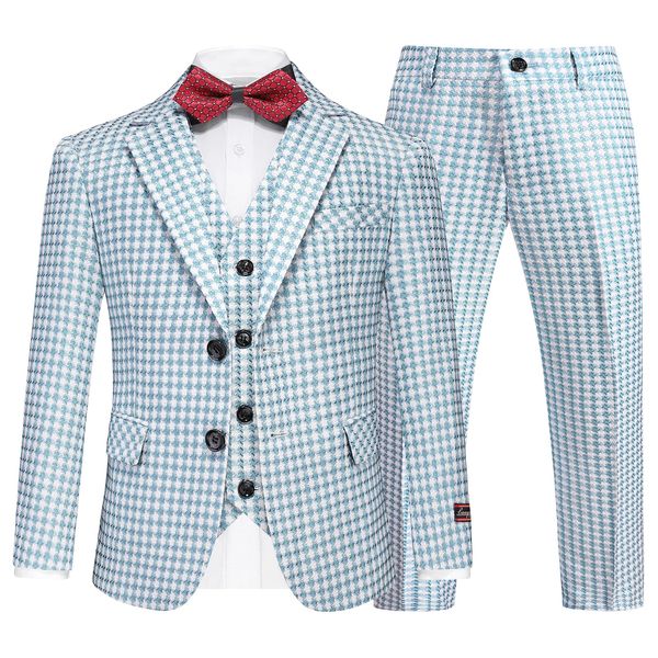 Lamgool Boys Suits 3 Piece Slim Fit Tuxedo Houndstooth Sky Blue Blazer Jacket Pant for Kids Prom Wedding Formal Suit Set Size 6