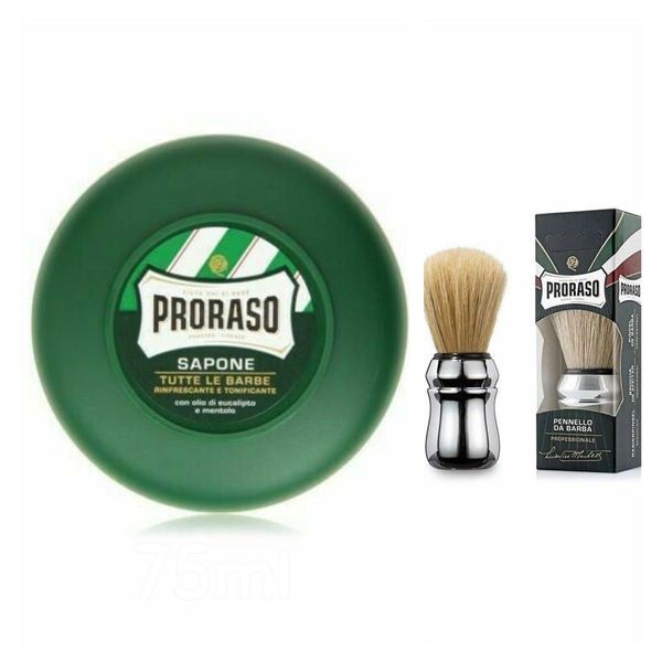 PRORASO Green Shaving Soap Bowl 75 ML & Shaving Brush Made in Italy