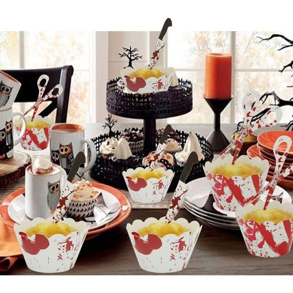 YuBoBo Halloween Cupcake Toppers Wrappers, Horror Cake Halloween Decoration Bloodstain Cake Knife Scissors Food Decor Party Supplies (12 sets (24pcs))