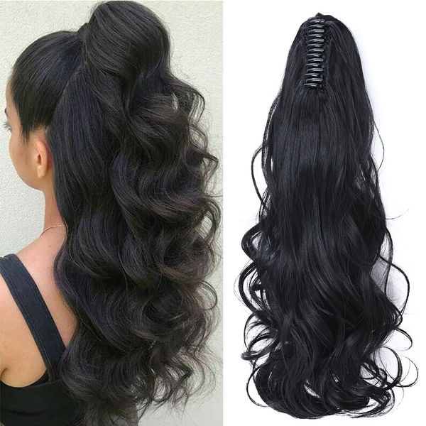 Fashion Ponytail Hair Extension Claw Curly Wavy Straight Clip in ponytail Hairpiece One Piece fake hair Ponytails for Women 18” Curly Dark Black