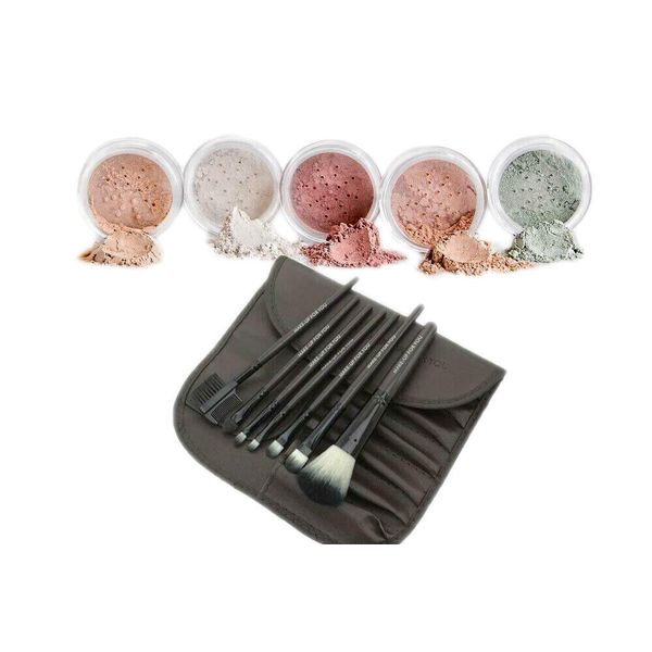 5pc (Fair 2) Kit With Brush Set Mineral Makeup Bare Face Matte Powder Foundation