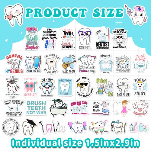 50 Pcs Dentist Stickers for Kids, Vinyl Tooth Fairy Dental Health Water Bottle Sticker, Waterproof Toothbrush Planner Decals, Adults Teens Cups Luggage Laptop Decor