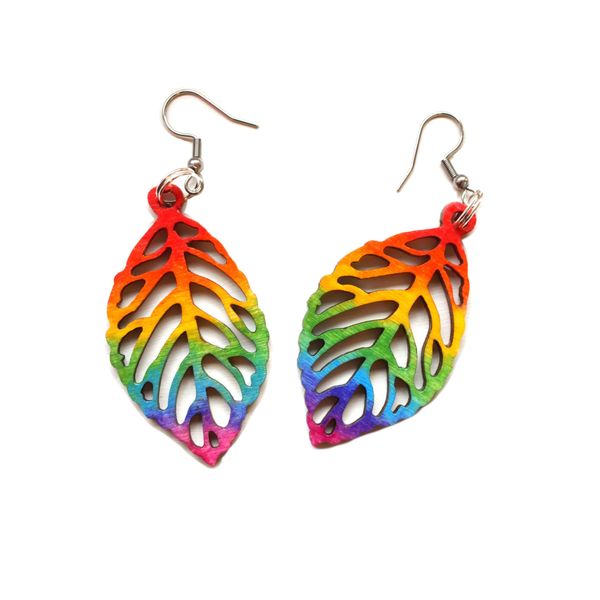 Rainbow Leaf Earrings Handmade Statement Gay Pride Jewellery