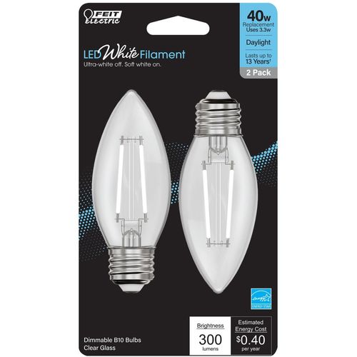 Feit LED Filament B10 E26 (Medium) Filament LED Bulb Daylight 40 Watt Equivalence 2 pk
