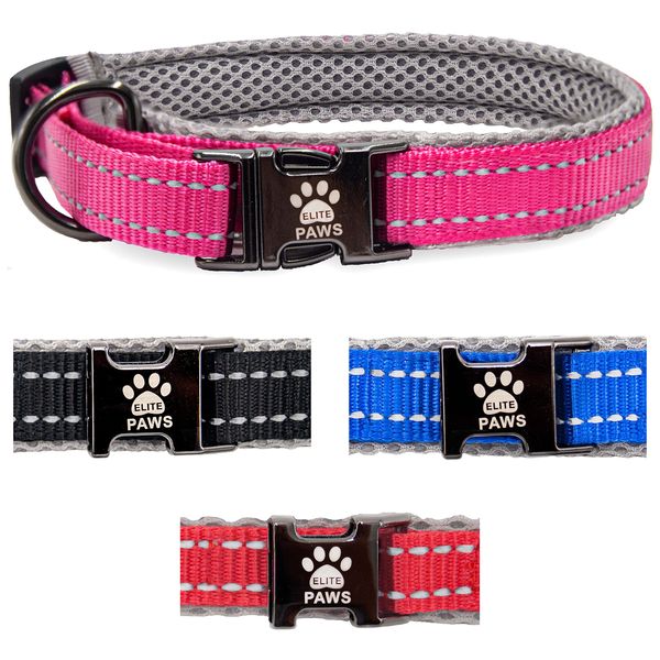 Elite Paws® UK: Premium Metal Buckle Dog Collar, Strong, Safe, Padded, Comfortable, Reflective, Adjustable, Secure Fit with Metal Lead Attachment, Puppy Walking/Training Product (25cm-30cm, Pink/Grey)