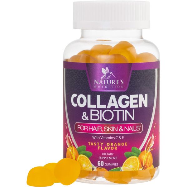 Collagen & Biotin Hair Vitamin Gummies - Extra Strength for Healthy Hair, Skin & Nails Growth Support - Collagen Peptides Gummy Supplement with Vitamins C & E - Orange Flavored, Non-GMO - 60 Count