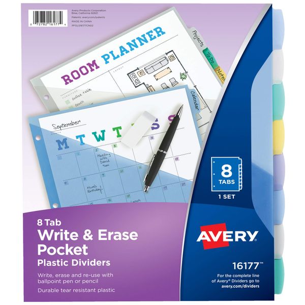 Avery Write & Erase Pocket Plastic Dividers for 3 Ring Binders, 8 Tab Set, Multicolor, Works with Sheet Protectors, 1 Set (16177)