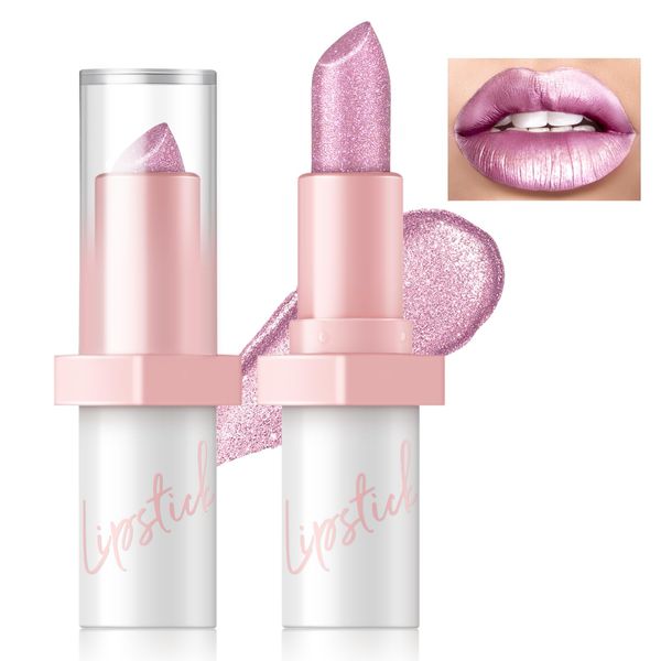 HOSAILY Metallic Nude Pink Lipstick Long Lasting, High Shine Glitter Diamond Creamy Lipstick Transfer Proof,Shimmer High Impact Lip Color Full Coverage Non Stick Cup Lightweight Lip Makeup for Women#1