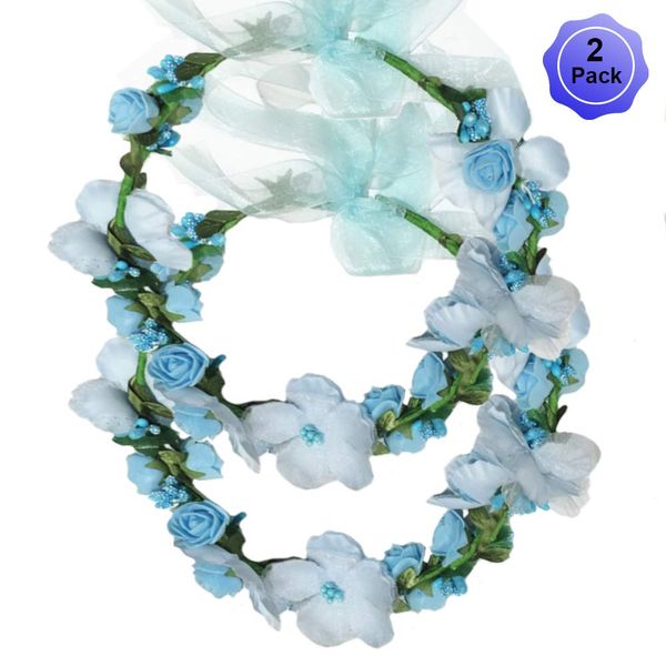 Flower Crown Headband Wreath Garland Hair Bands Floral Wedding Bridal Hair Hoop Women Leaf Ribbon Party Decoration Headdress Headwear Christmas Handmade Headpiece Hair Accessories 2 Pack Blue