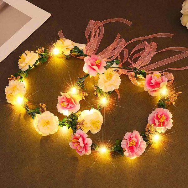 Zoestar Light Up Flower Crown Headbands LED Hair Wreath Headband Bridal Floral Headpiece Festival Garland Headdress for Women and Girls,2 Pcs