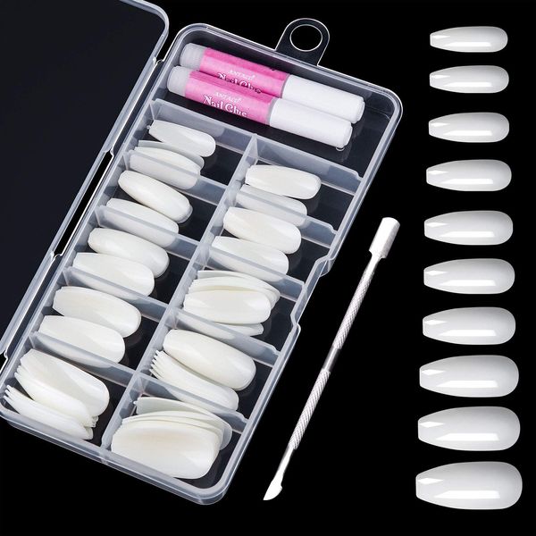 100pcs False Nails with Glues, 10 Size Coffin Ballerina Fake Nail Tips with Cuticle Pusher, Artificial Acrylic Full Cover Fingernails for Nail Art Salons (Natural)