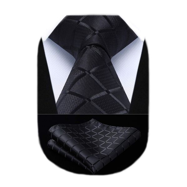 HISDERN Check Wedding Tie Handkerchief Men's Necktie & Pocket Square Set (Black)